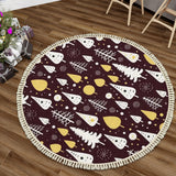 Round Retro Christmas Rug with Tassels – Burgundy Gold White Trees
