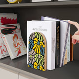 Yellow Abstract Floral retro wooden bookend on a dark shelf with books