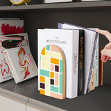 Teal Peach Blocks retro wooden bookend on a dark shelf with books