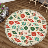 60s Retro Bauble Round Christmas Rug with Tassels – Cream Red Green