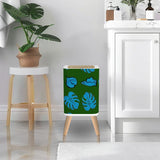 Retro 70s  Square Small Trash Can with Lid, Dark Green with Blue Leaves