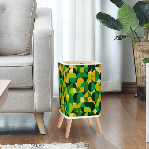 Scandi Retro Square Small Trash Can with Lid, 1970s Geomwetric Green Orange Yellow