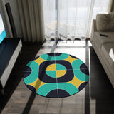 Bold 60s Retro Round Chenille Rug, Geometric Accent Black Turquoise Mustard