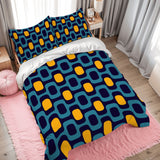 Retro 70s Double Duvet Cover Set: Midcentury Blue Yellow Microfiber Bedding