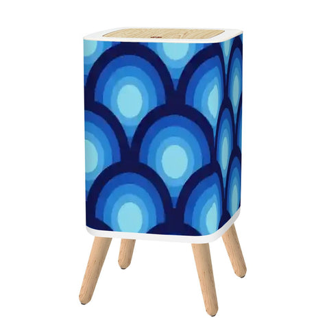 Retro Scandi Square Small Trash Can with Lid, 1970s Peacock Blue Circles