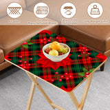 Poinsettia Plaid retro TV tray set of 4, tabletop close-up with fruit bowl