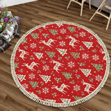 Red White Reindeer Trees Round Retro Christmas Rug with Tassels