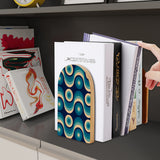 Teal Wave Rings retro wooden bookend on a dark shelf with books