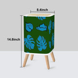 Retro 70s  Square Small Trash Can with Lid, Dark Green with Blue Leaves