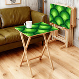 Green Peacock Eye retro TV tray set of 4, in a living room beside an olive sofa