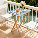 Blue Floral Toile retro TV tray set of 4, on a balcony with coffee and pastries