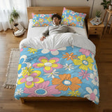 Retro 70s Flower Pattern Duvet Cover Set: Pastel Colors Floral Bedding
