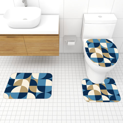 Retro Style Bathroom Mat Set | Retro Midcentury 3-Piece Rugs, Geometric Blue Black Brown White