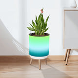 Retro Flower Pot - 70s Style, Wooden Legs, Fading Blue Green