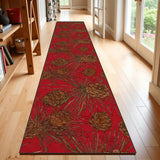 Red Holidays Season Vintage Style Hallway Retro Runner Rug with Pine Cones