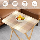 Beige Plaid retro TV tray set of 4, tabletop close-up with fruit bowl