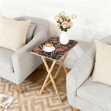 Navy Paisley retro TV tray set of 4, next to a grey sofa with flowers