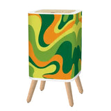 Retro Square Small Trash Can with Lid, 1970s Psychedelic Swirl Acidwave Green Yellow Orange