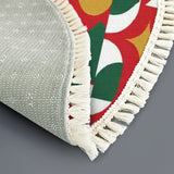 Red Green Geometric Tree Round Christmas Rug with Tassels – 70s Retro