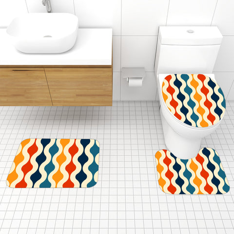 70s Style Bathroom Mat Set | Retro Midcentury 3-Piece Rugs, Multicolor Waves