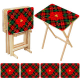 Poinsettia Plaid retro TV tray set of 4, open table and four folded trays with storage rack