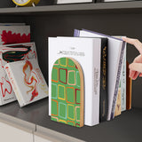 Green Squares retro wooden bookend on a dark shelf with books