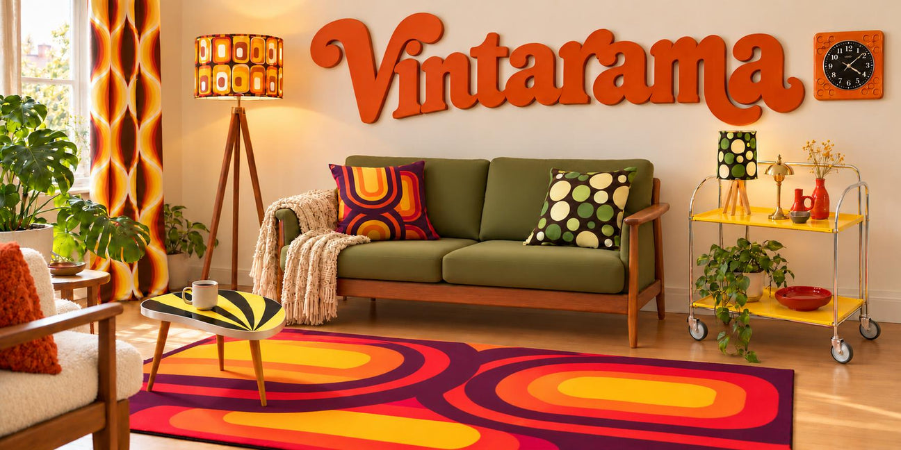 Vintarama retro living room with orange 70s rug, green sofa, tripod floor lamp and yellow folding bar cart