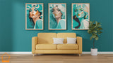 Set of 4 Turquoise White 70s Style PRINTABLE WALL ART, Portret of Longhaired Midcentury Girl