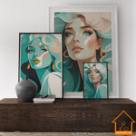 Set of 4 Turquoise White 70s Style PRINTABLE WALL ART, Portret of Longhaired Midcentury Girl