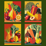 70s style PRINTABLE WALL ART, 4 Unique Vintage Design Prints of vegetable stills, vegan art