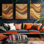 70s style PRINTABLE WALL ART, 4 Unique Vintage Design Prints of orange brown waves