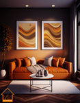 70s style PRINTABLE WALL ART, 4 Unique Vintage Design Prints of orange brown waves