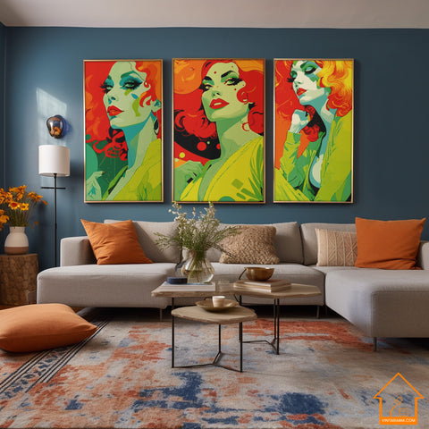 Set of 3 Orange Green 70s Style PRINTABLE WALL ART, Portret of Longhaired Midcentury Woman