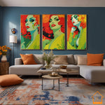Framed RETRO 70s WALL ART POSTER,  Midcentury Style Groovy Female Portrait Orange Green Yellow