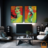 Framed RETRO 70s WALL ART POSTER,  Midcentury Style Groovy Female Portrait Orange Green Yellow