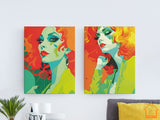 Set of 3 Orange Green 70s Style PRINTABLE WALL ART, Portret of Longhaired Midcentury Woman