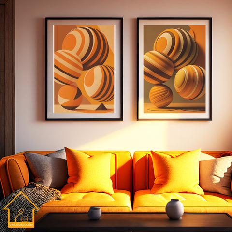 Orange Brown midcentury style PRINTABLE WALL ART, 4 Unique Retro Design Prints balls and waves