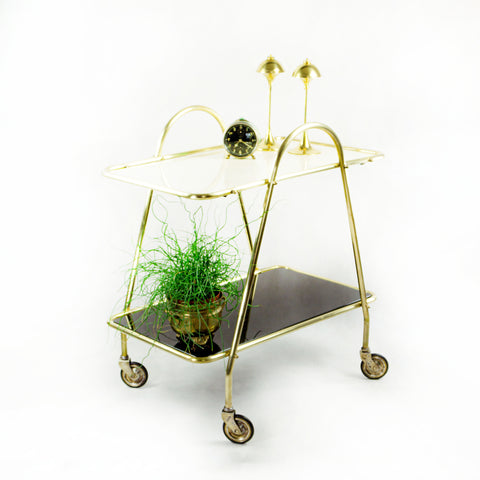 1960s noble Glass Brass BAR CART Dining TROLLEY
