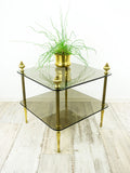 Square 1980s GOLDEN BRASS Smoked Glass Side TABLE with 2 tiers