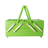 Vintage 1950s lime green sewing or jewelry box – front view, closed, ivory-white wooden struts