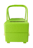 Vintage 1950s lime green sewing or jewelry box – end view, closed, handles raised