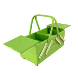 Vintage 1950s lime green sewing or jewelry box – open, lids folded out, compartments visible