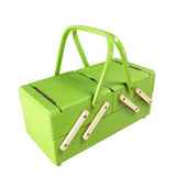 Vintage 1950s lime green sewing or jewelry box with ivory struts – three-quarter view, closed, handles raised