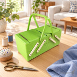 Styled illustration of a vintage 1950s lime green sewing box on a wooden table with scissors, thread and blue fabric