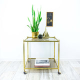 Rectangular 80s Vintage Golden Bar CART Tea Trolley, Two SMOKED GLASS Tiers