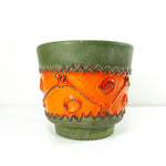 Exceptional 1960s-70s WGP CERAMIC PLANTER, olive green with orange relief pattern