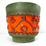Exceptional 1960s-70s WGP CERAMIC PLANTER, olive green with orange relief pattern