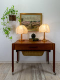 Rustic 1970s wooden BEDSIDE TABLE LAMPS, beige vintage boho style
