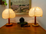 Rustic 1970s wooden BEDSIDE TABLE LAMPS, beige vintage boho style