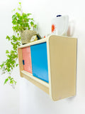 1950s midcentury wooden KITCHEN WALL CABINET pink blue sliding doors